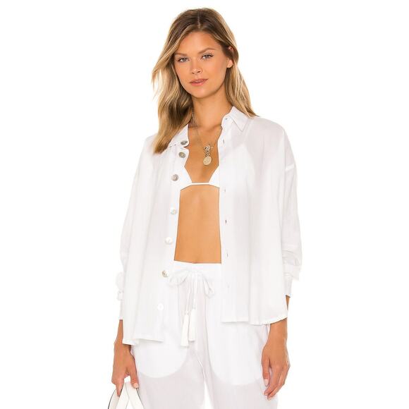 Natalie Martin White Cotton Shirt XS - Lion Pearl Button Down Coastal Minimalist